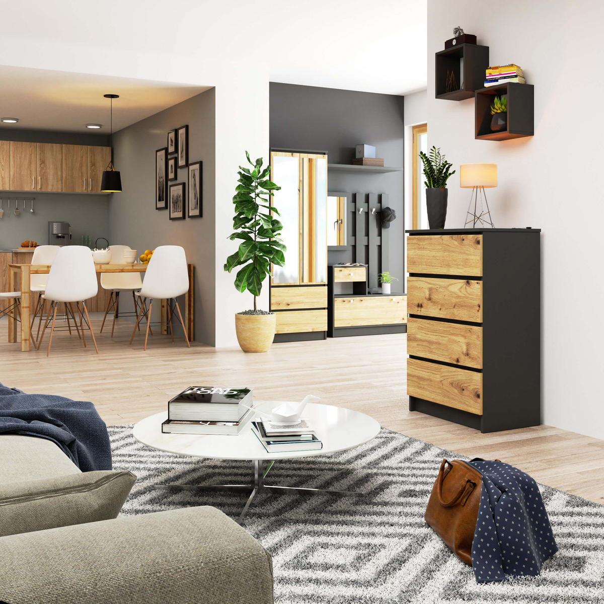 KOMMODE Graphit Grau, Eiche Artisan 99/60/40 - Eiche Artisan, Holzwerkstoff (60/99/40cm) - RAUMHIRSCH FURNITURE