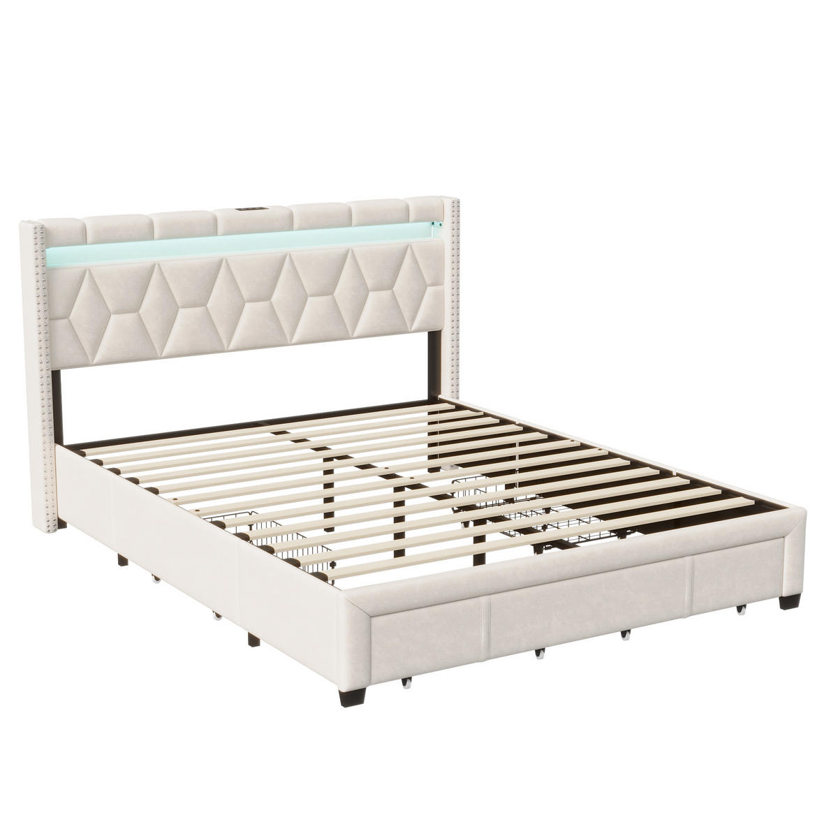 POLSTERBETT 140x200 cm, Beige, LED-Beleuchtung und 4 Schubladen - Beige, Textil/Metall (140/200cm)