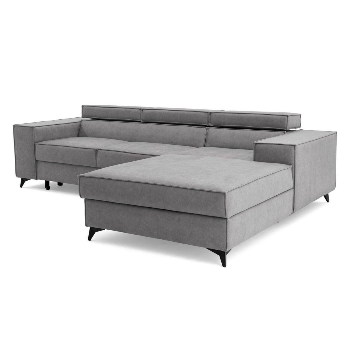 ECKSOFA PURE S Rechts mit Schlaffunktion 127x215 Velours Hellgrau - Hellgrau/Schwarz, Holz/Textil (204/281cm) - Muffo
