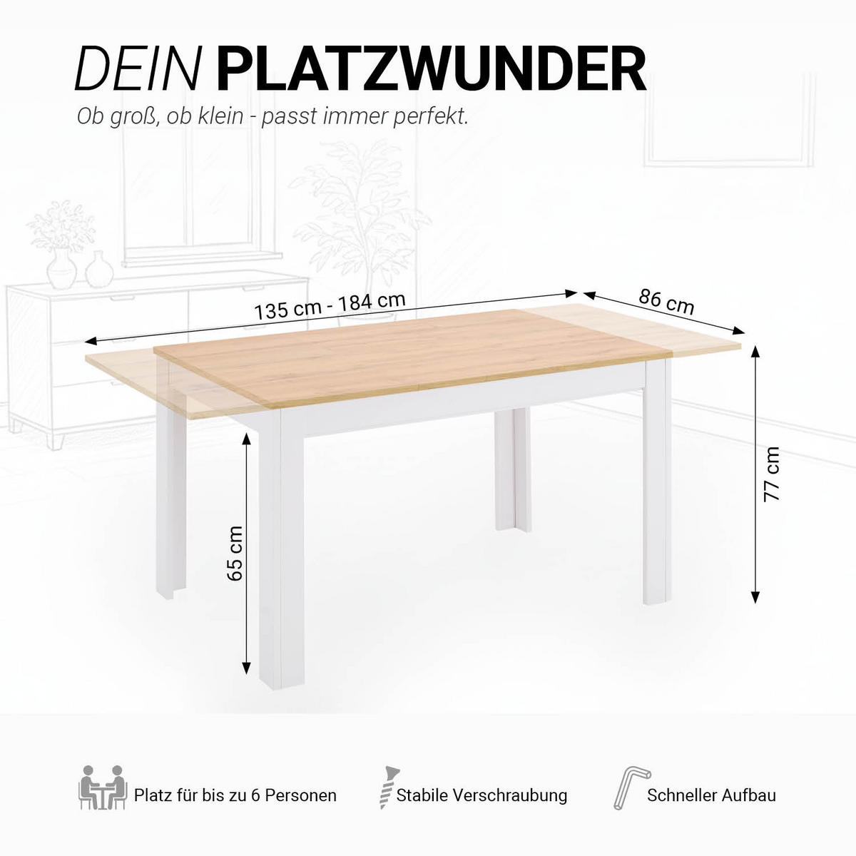 ESSTISCH Weiß in Naturholz 135x86 cm ausziehbar - Naturfarben, Holz (86/135/77cm) - Homestyle4u