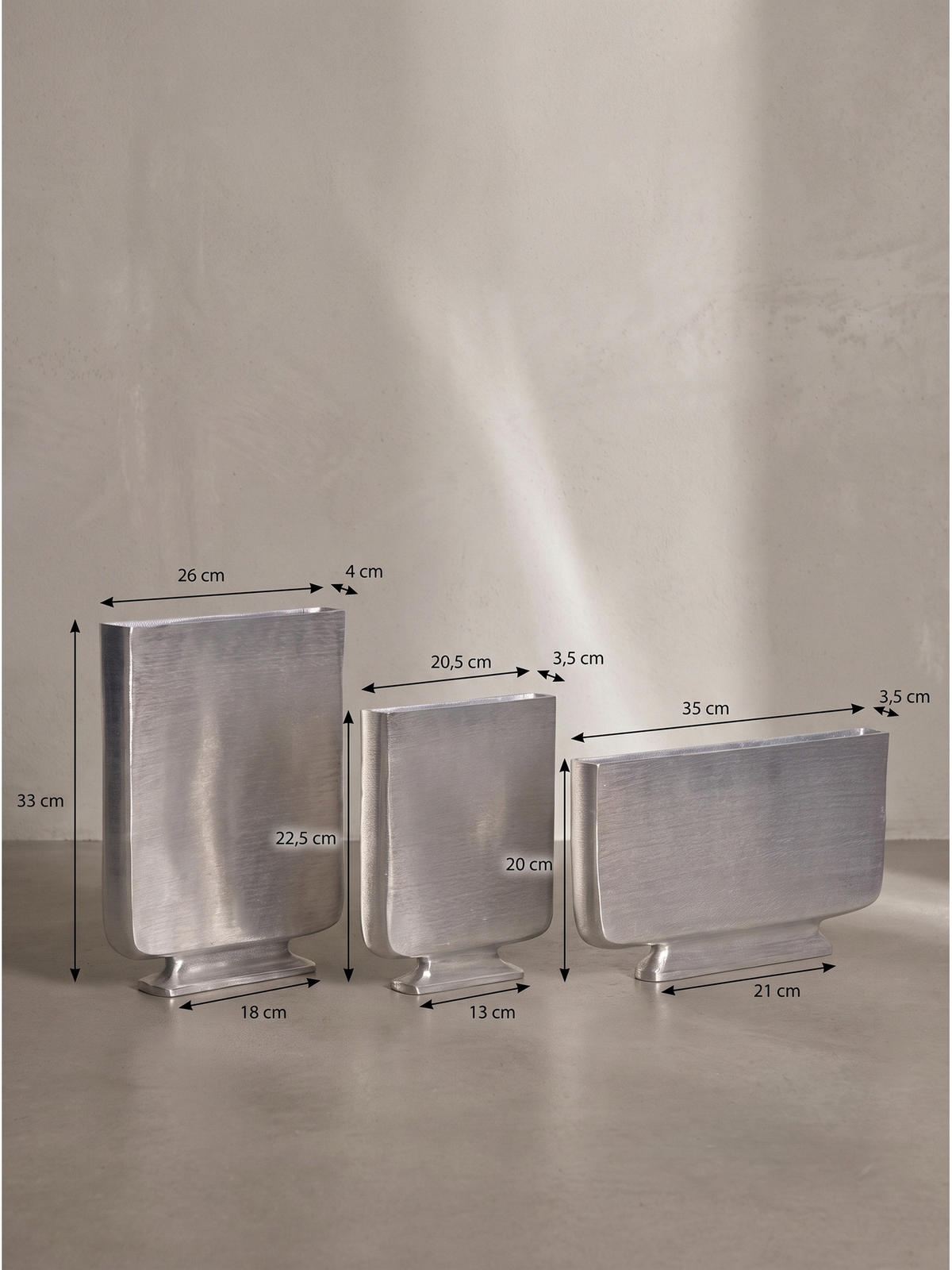 VASEN 3er-Set PORTONOVO, Aluminium, handgefertigt, Silber, 26 x 4 x 33 cm - Silberfarben, Metall (33cm) - KADIMA DESIGN