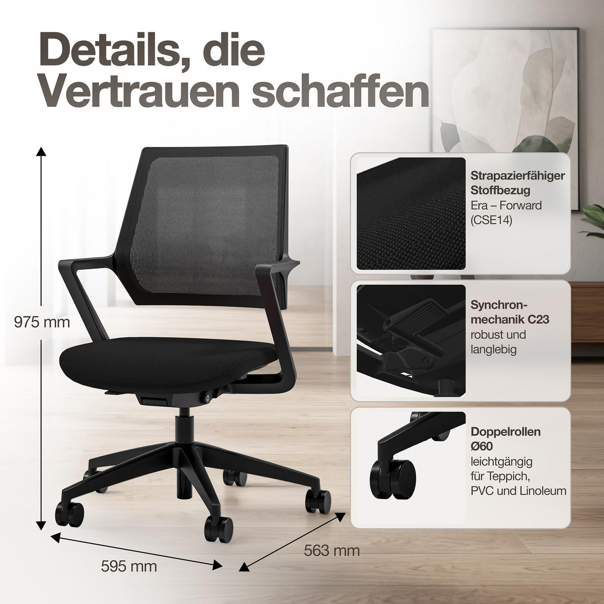 DREHSTUHL Ergonomischer Bürostuhl Asolo mit Netzrücken / Schwarz Netzrücken für Luftzirkulation - Schwarz, Textil (59.5/97.5/45cm) - ASSMANN