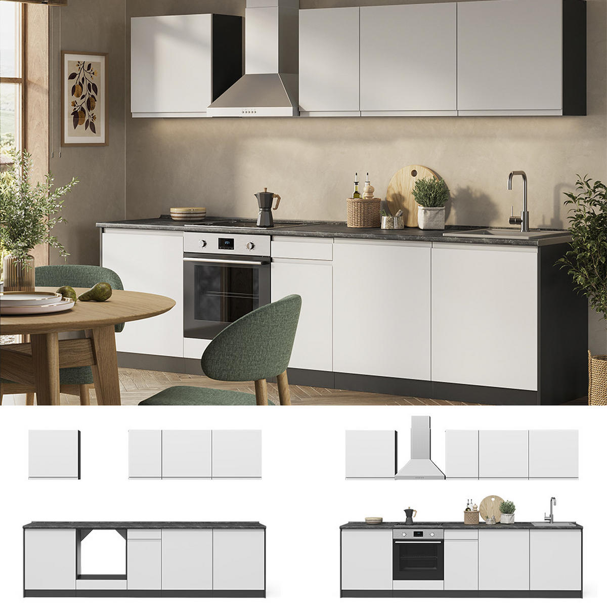 KÜCHENZEILE R-Line, Weiß/Anthrazit, 280 cm Arbeitsplatte Platin - Anthrazit/Weiß, Holzwerkstoff (280/206.8/60cm) - Vicco