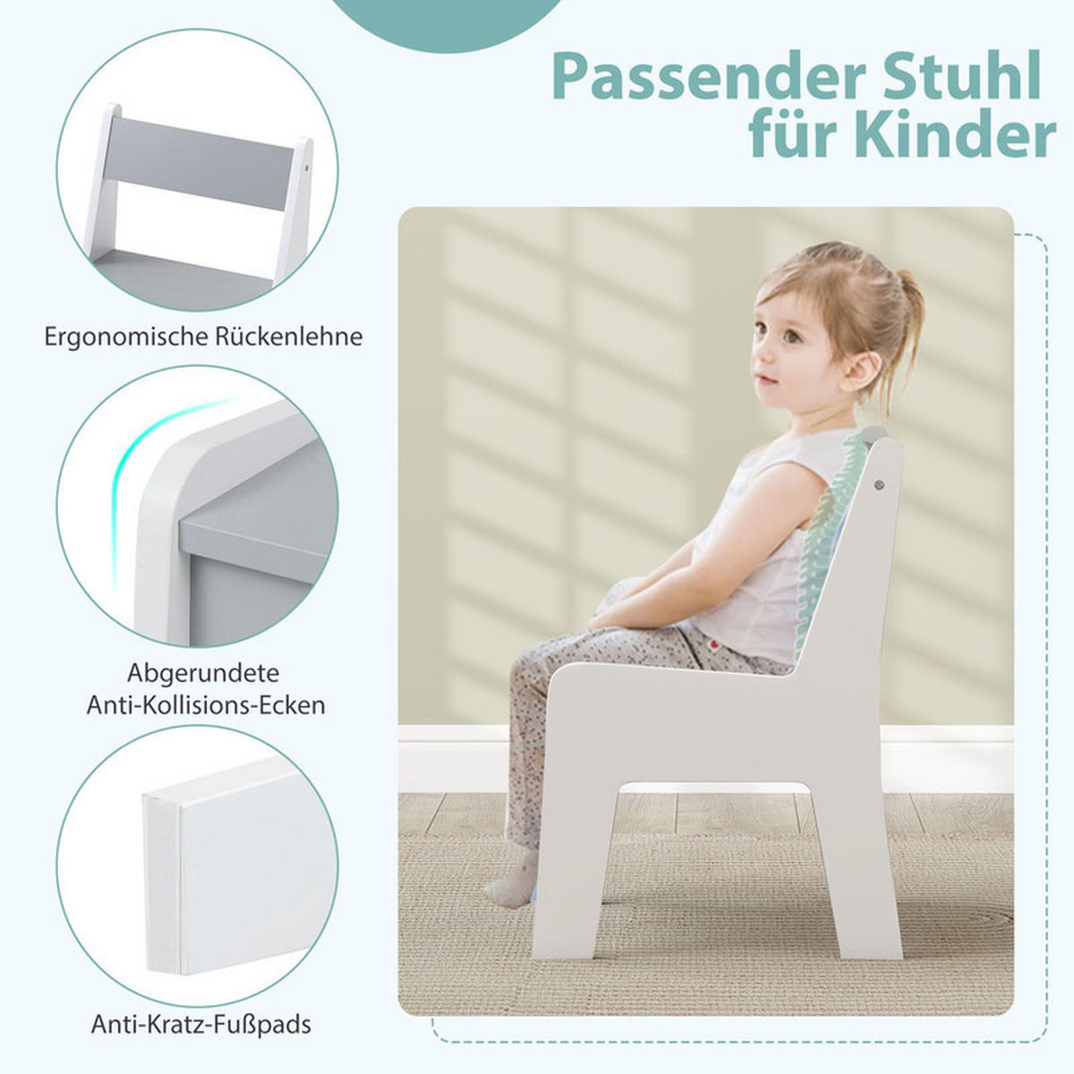 KINDERTISCH mit Stuhl grau(2-tlg) - Grau, Holzwerkstoff (61.5/59/47cm) - COSTWAY