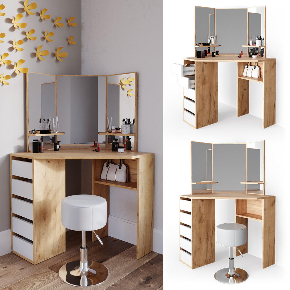 ECKSCHMINKTISCH Arielle Goldkraft Eiche 110 cm mit Hocker - Honigeiche, Holzwerkstoff (110/141.5/54cm) - Vicco