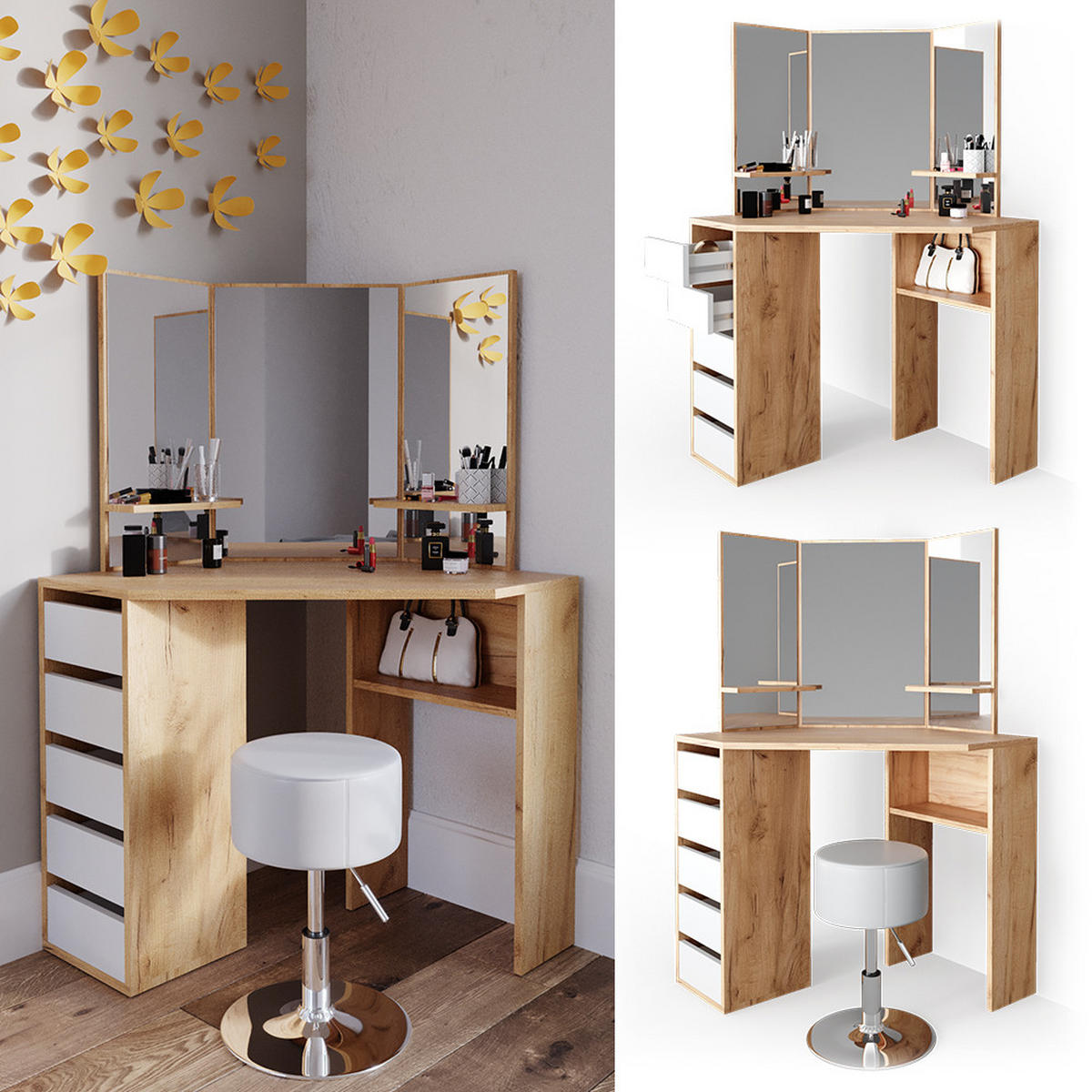 ECKSCHMINKTISCH Arielle Goldkraft Eiche 110 cm mit Hocker - Honigeiche, Holzwerkstoff (110/141.5/54cm) - Vicco