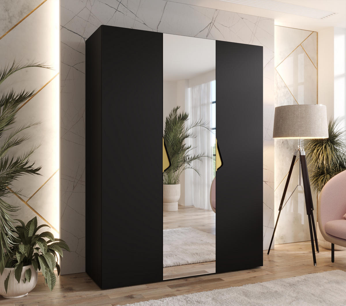 DREHTÜRENSCHRANK 202/150/52 3-türig - Goldfarben/Schwarz, Holz/Metall (150/202/52cm) - Abiks Möbel