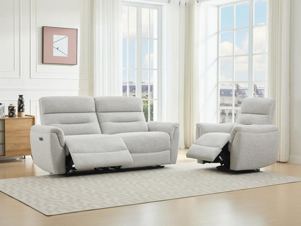 3-SITZER Sofa + elektrischer Relaxsessel - Strukturstoff - Hellgrau - BREVIO - Hellgrau, Textil (91/101/193cm) - Vente-Unique