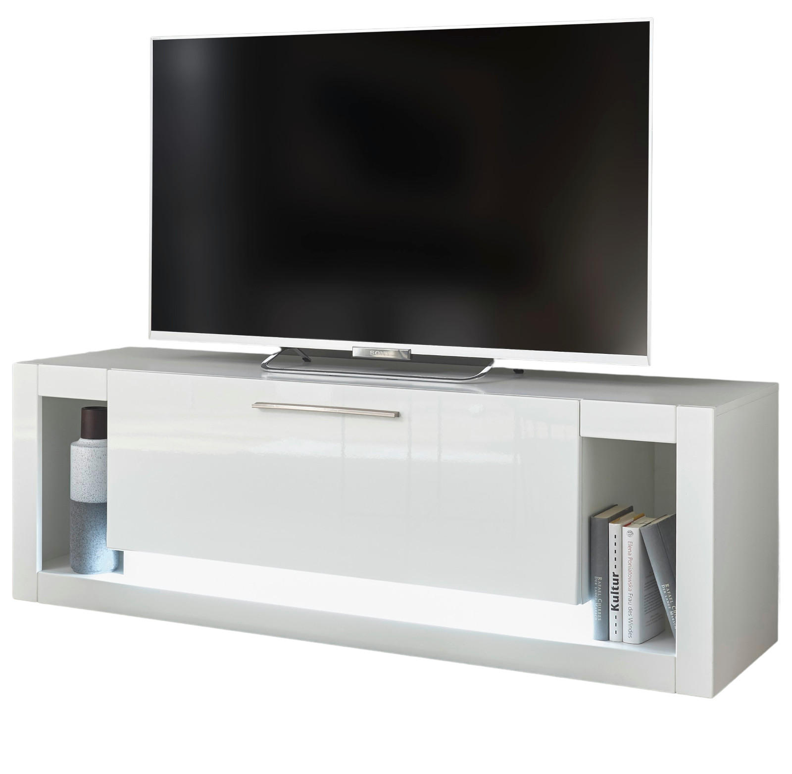 TV-LOWBOARD weiß Hochglanz 150 cm, TV-Unterteil mit 6 Fächern - Weiß Hochglanz/Silberfarben, Holzwerkstoff/Kunststoff (150/49/43cm) - Furn.Design