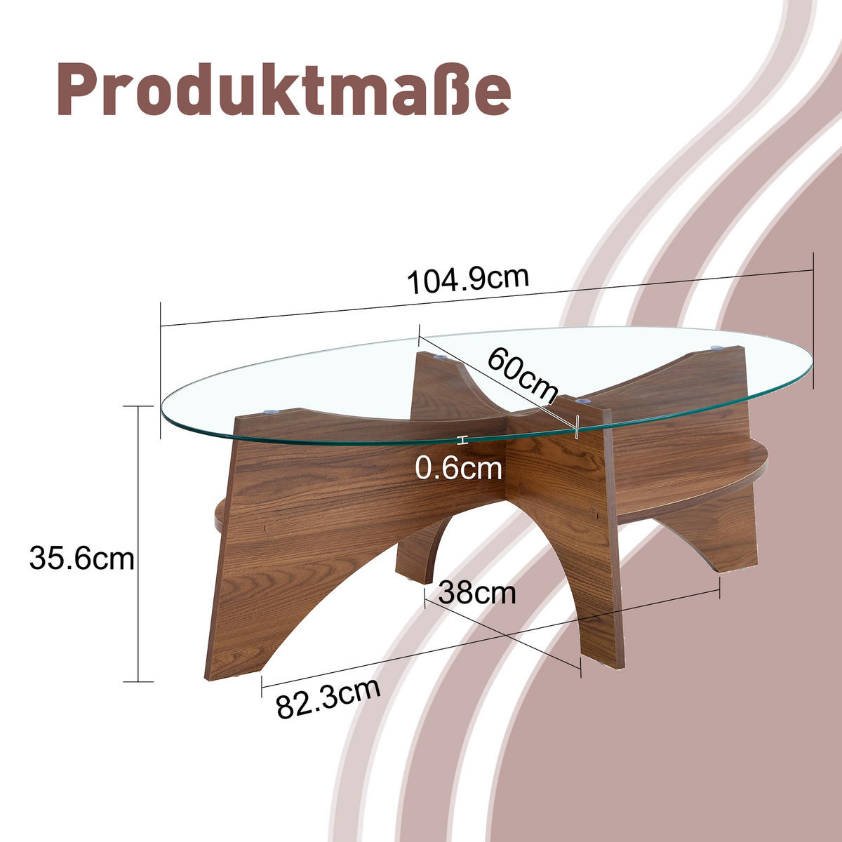 COUCHTISCH in Walnussfarbe Moderner ovaler Beistelltisch mit Holzoptik für Esszimmer und Wohnzimmer, B104.9/T60/H35.6 cm - Transparent/Walnussfarben, Glas/Holzwerkstoff (60/104.9/35.6cm) - STILVORA