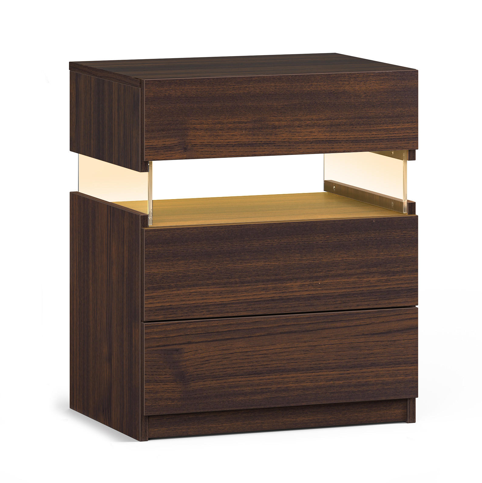 NACHTTISCH 48/38/61 cm walnussfarben aus Holzwerkstoff mit 3 Schubladen und LED-Beleuchtung - Walnussfarben, Holzwerkstoff (38/61/48cm) - OKWISH