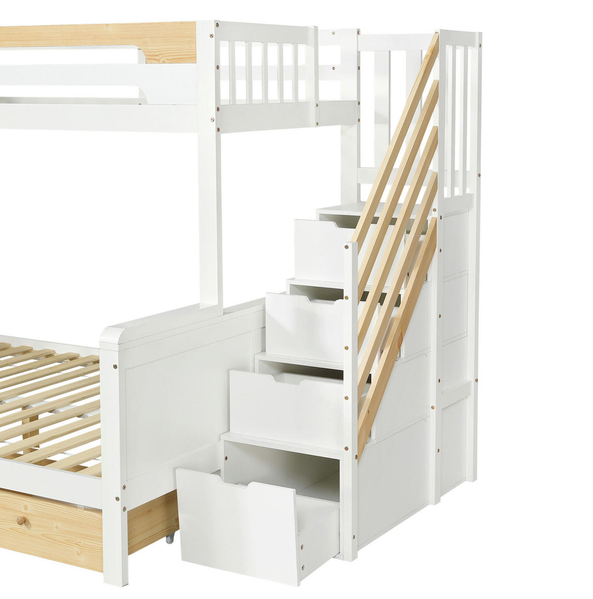 FAMILIEN-ETAGENBETT 90x200/140x200 cm in Weiß und Natur mit Stauraumtreppe - Weiß, Holz (90/200cm) - IVMEU