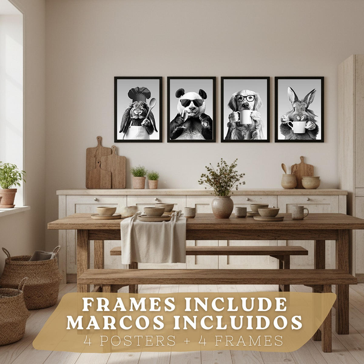 PLAKAT Sada 4 Funny Animals byn A3 Černý rám - černá, papír (29.7/1/42cm) - Nacnic