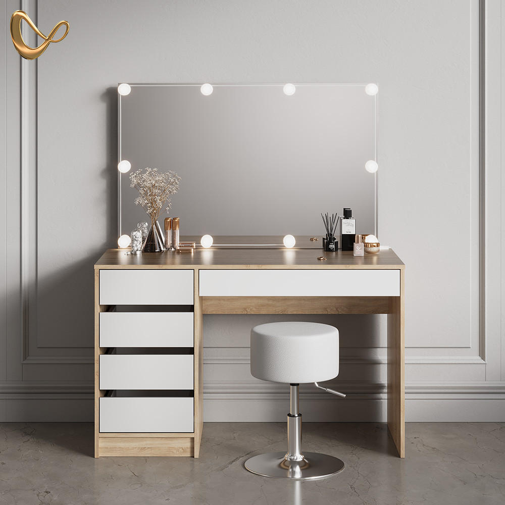 SCHMINKTISCH Imola Weiß/Sonoma mit LED Beleuchtung und Hocker - Weiß/Sonoma Eiche, Holzwerkstoff (120/75/55cm) - Livinity®