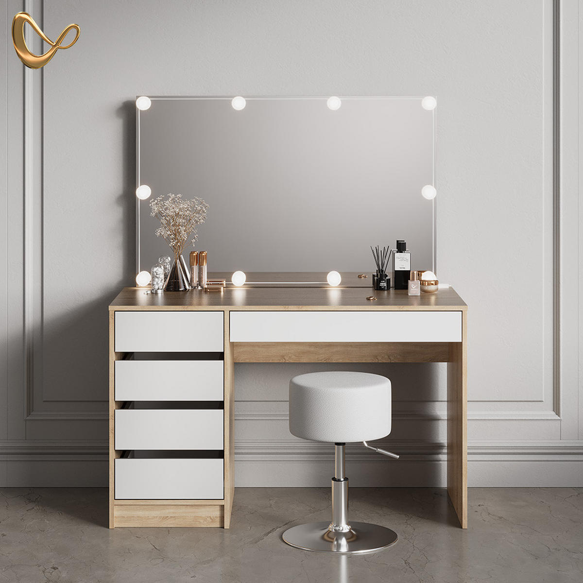 SCHMINKTISCH Imola Weiß/Sonoma mit LED Beleuchtung und Hocker - Weiß/Sonoma Eiche, Holzwerkstoff (120/75/55cm) - Livinity®