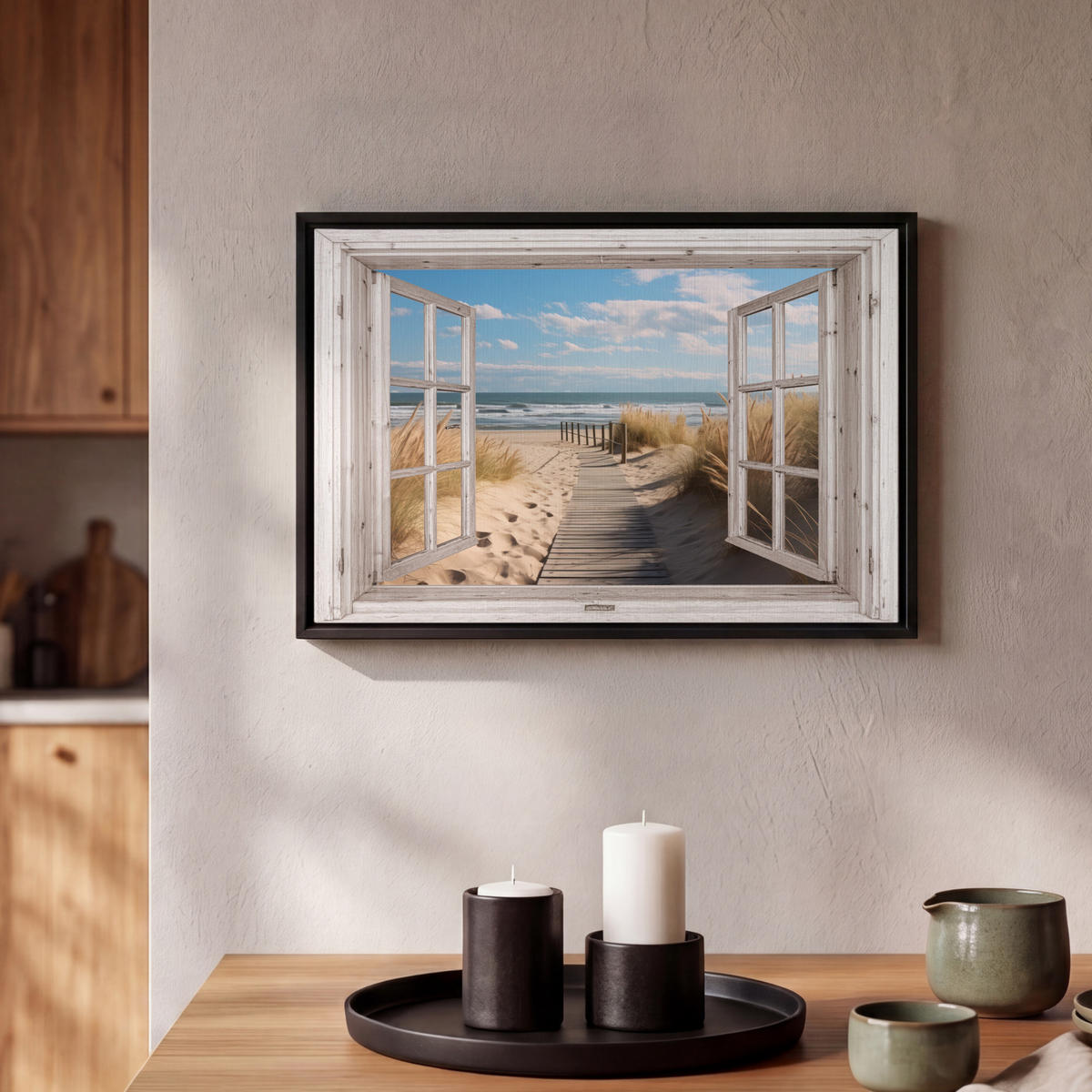 LEINWAND Bilder mit Rahmen - Fenster - Meer - Küste - Natur - Ausblick - Strand - Wattenmeer - 30x20 - Beige, Textil (30/20cm) - MuchoWow