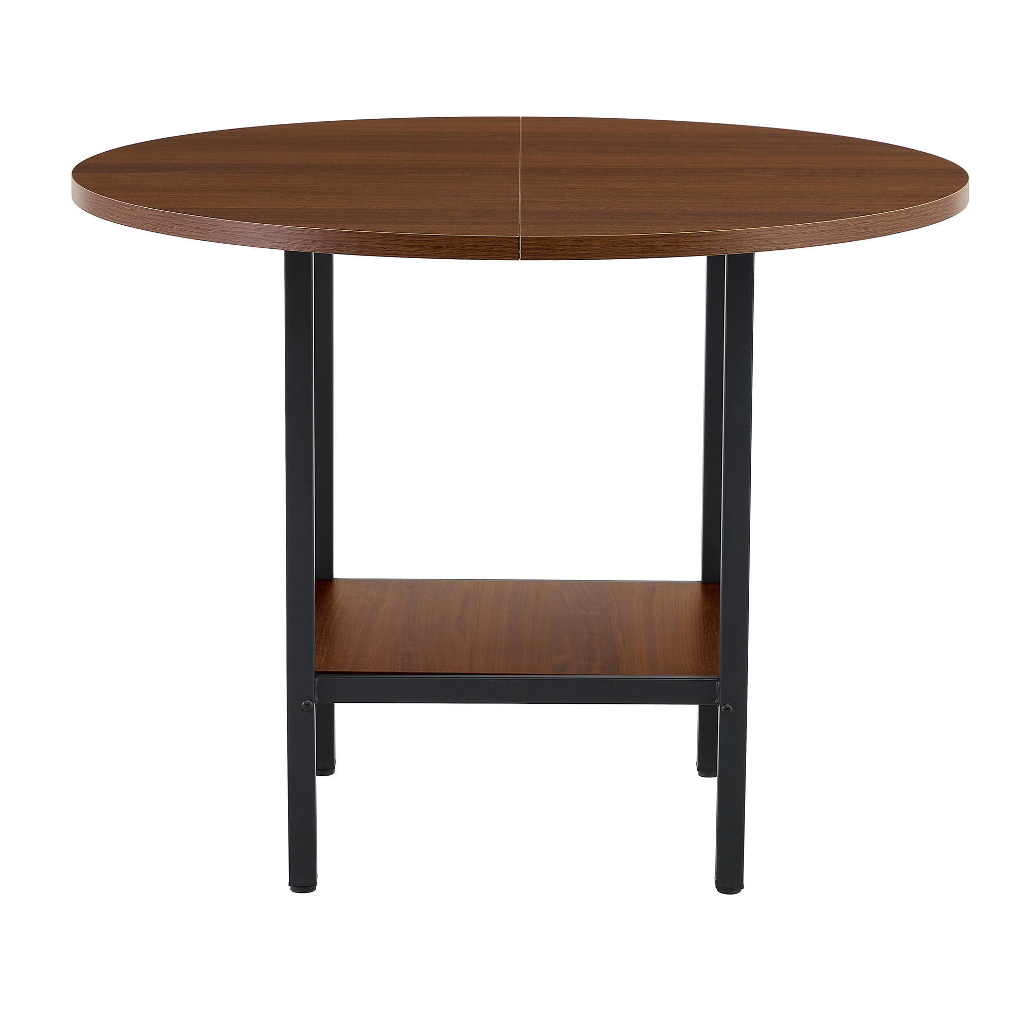 OKWISH KULATÝ jídelní stůl 100/100/77 cm ořechová z MDF a kovu s úložnou policí