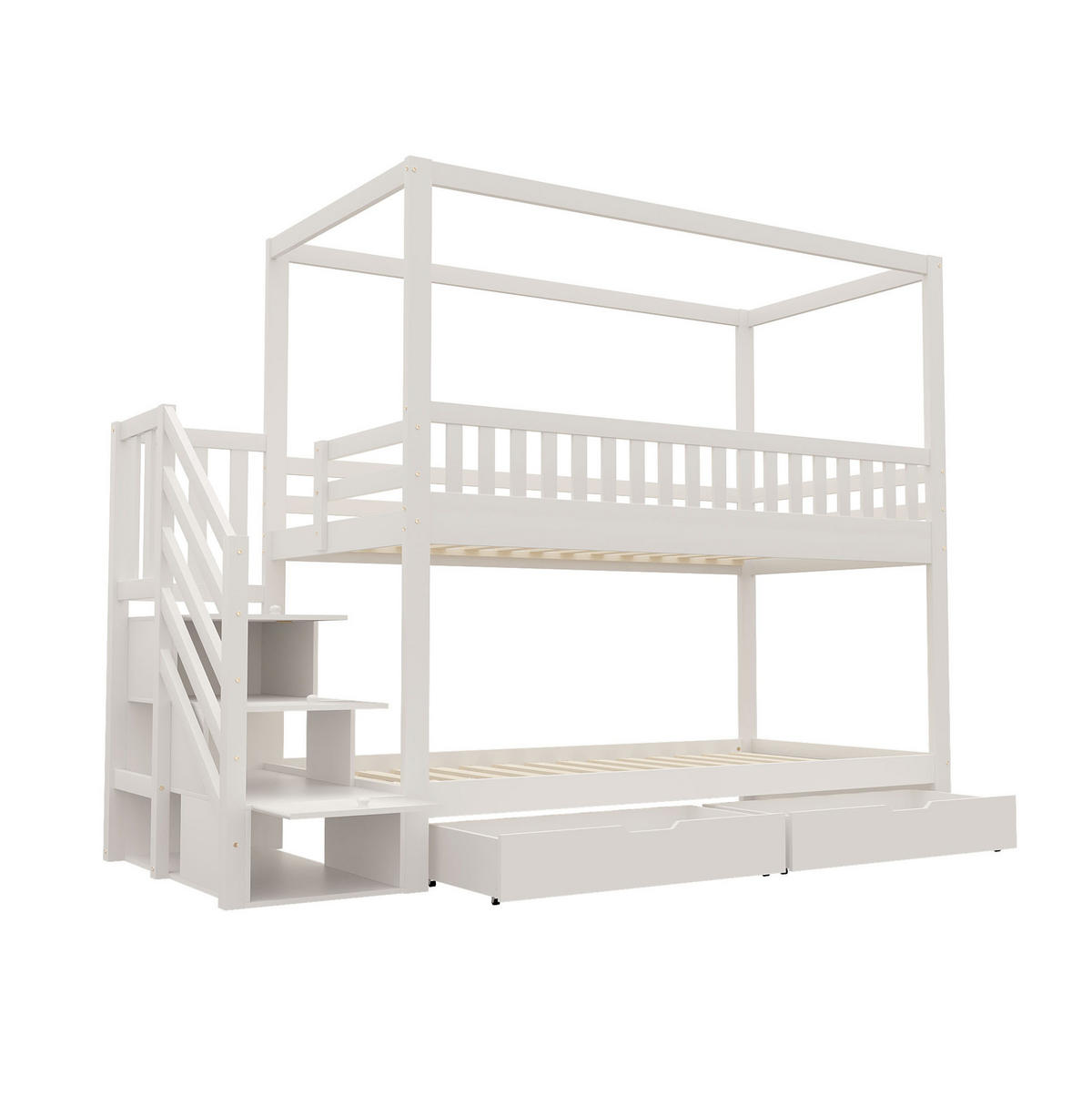 ETAGENBETT 90/200 cm mit Sicherheitsleiter, Schubladen und Hausform, Weiß - Weiß, Holzwerkstoff (90/200cm) - Redom