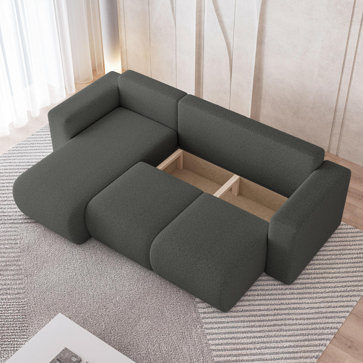 ECKSOFA RINOVA Grau Boucle-Stoff mit Schlaffunktion - Grau, Holz (250/143cm) - MASSENO