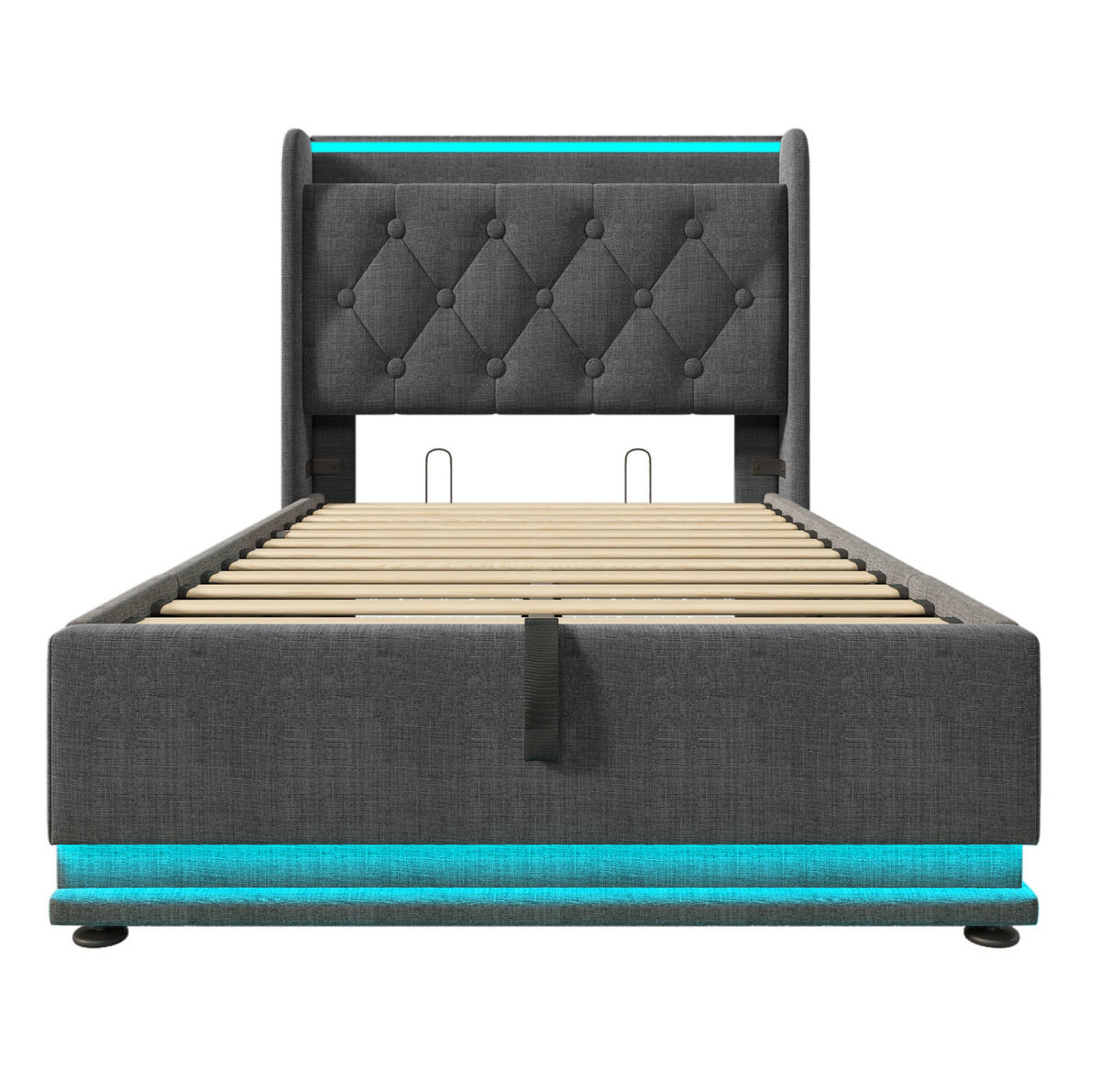 BETT mit Stauraum, LED und Matratze 90x200 cm Leinen Grau - Grau, Metall (90/200cm) - Meubliv