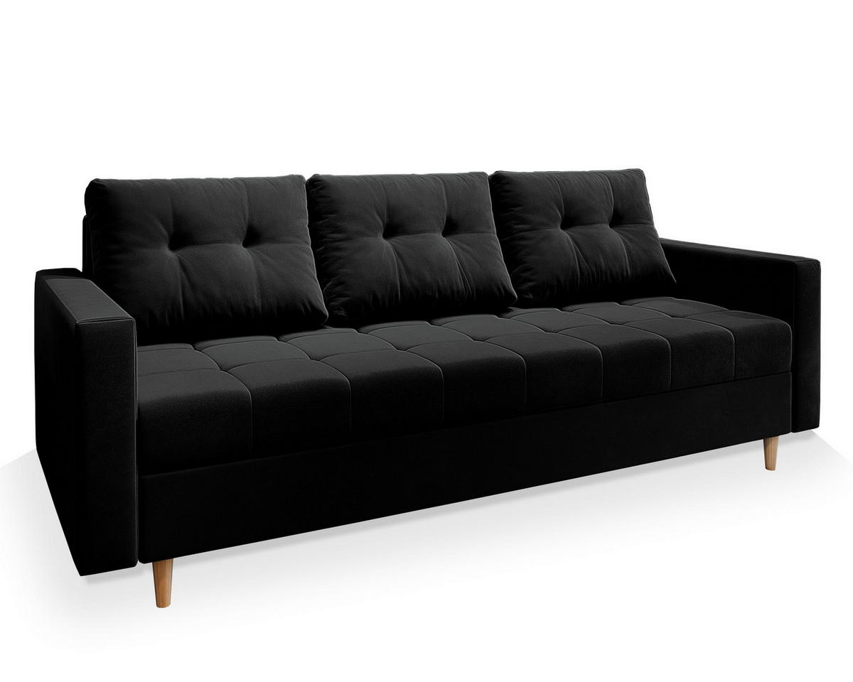 BETTSOFA MILO Schwarz Plüsch-Stoff mit Schlaffunktion - Schwarz, Textil (220/93/87cm) - MASSENO