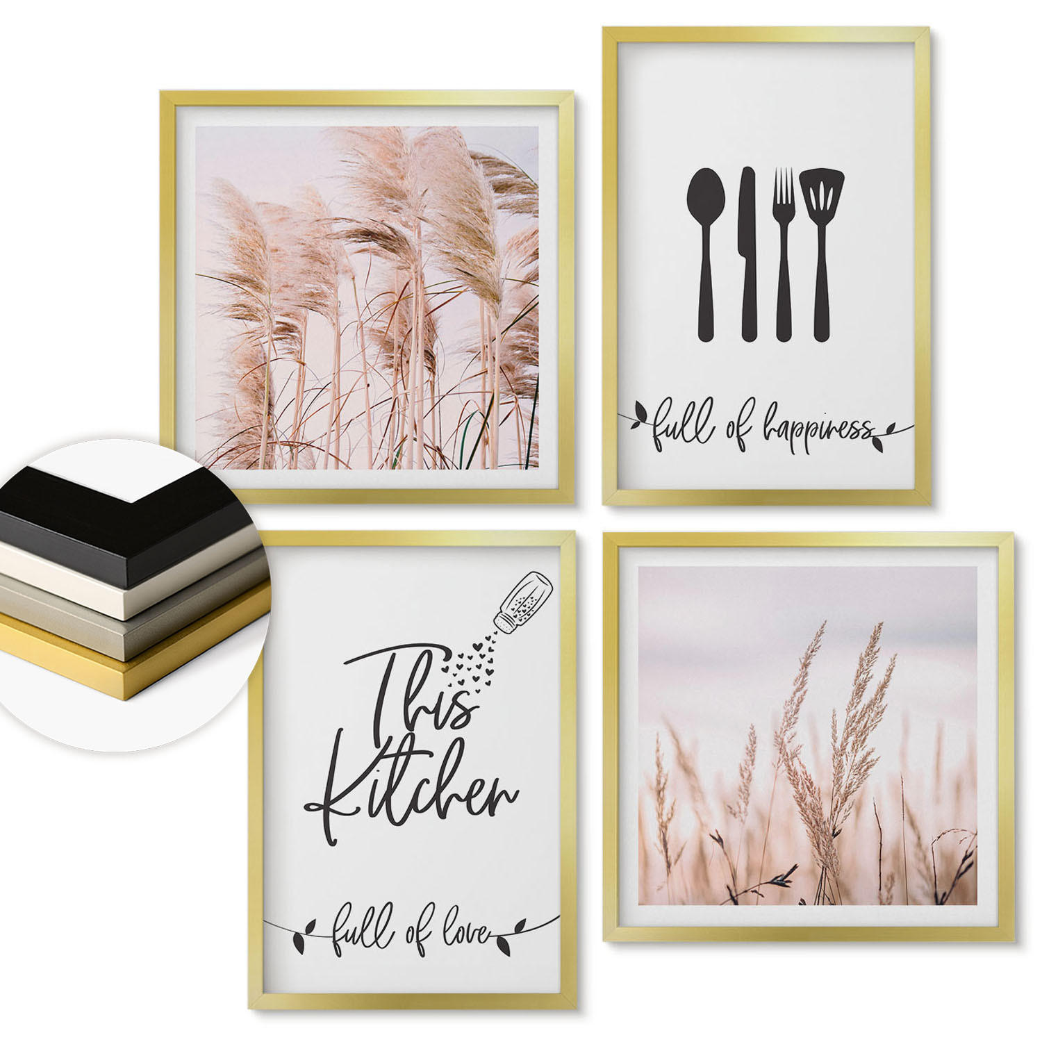 WANDBILDER 4er Set - 50x50 cm & 40x60 cm Goldrahmen - Boho-Küchengras-Schriftzug - Goldfarben, Kunststoff (50/50cm) - ArtPrintCave