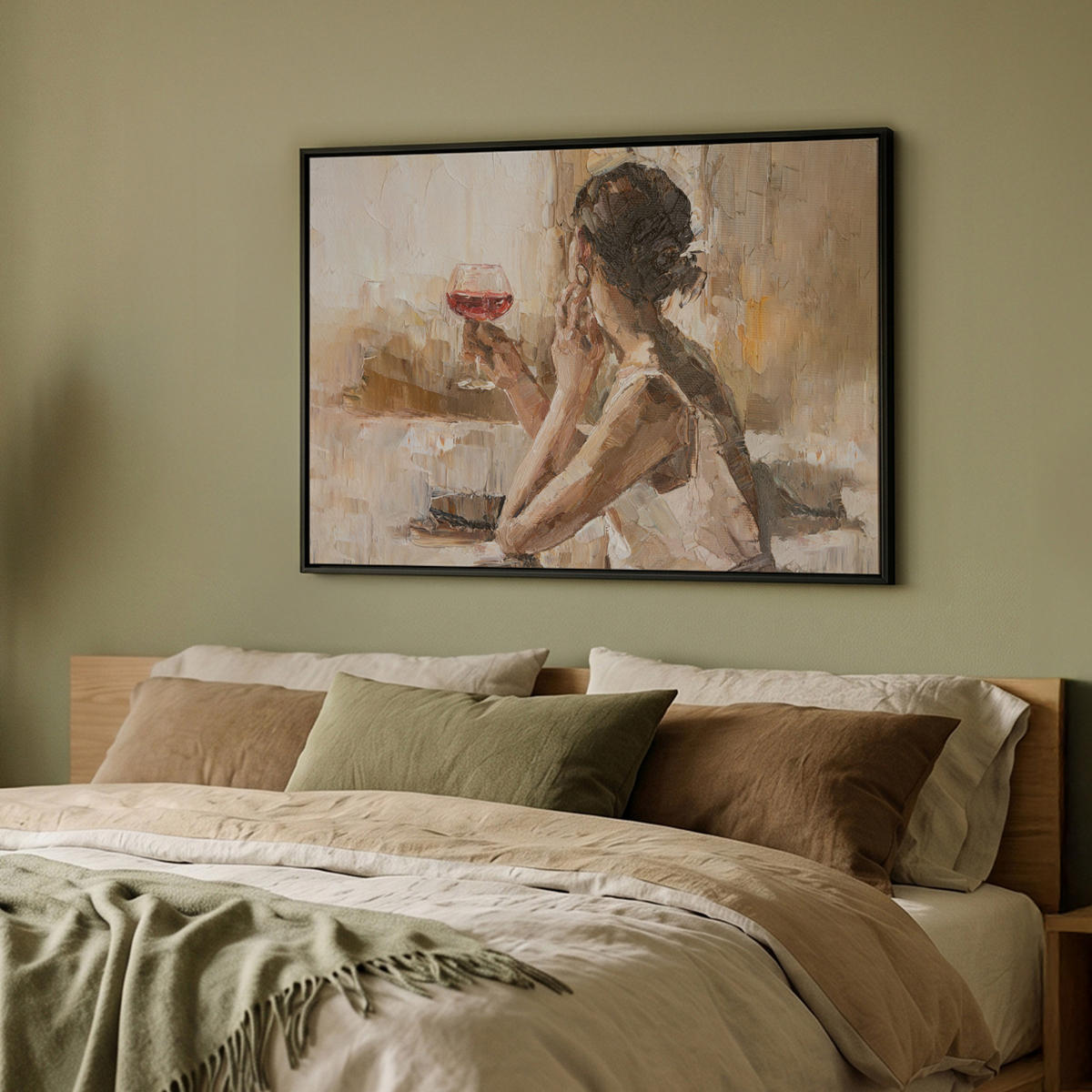LEINWAND Bilder mit Rahmen - Ölgemälde - Frau - Wein - 100x70 - Hellbraun, Textil (100/70cm) - MuchoWow