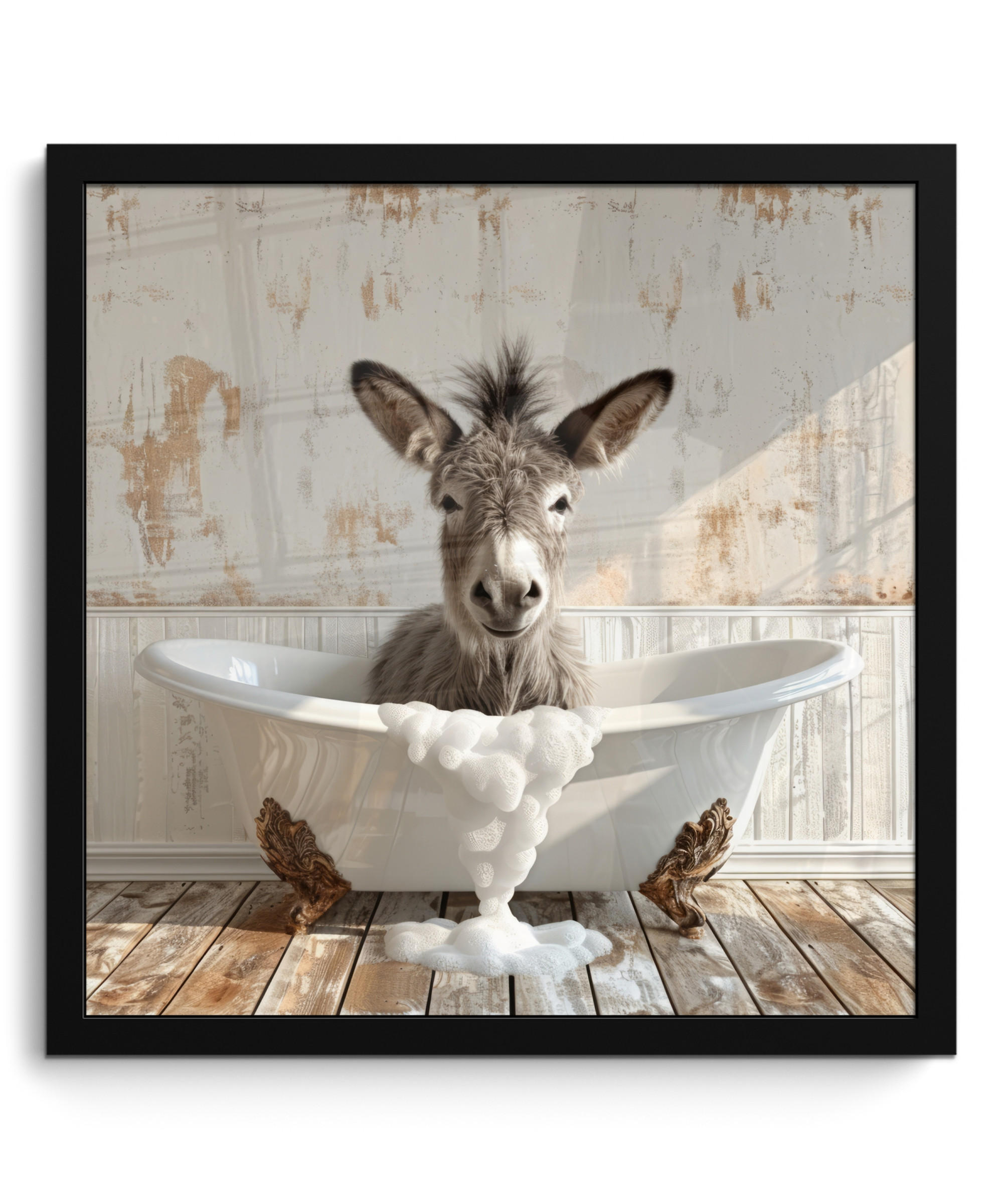 POSTER MIT RAHMEN Esel - Tiere - Badewanne - Schaumstoff 40x40 cm - Weiß, Papier (40/40cm) - MuchoWow