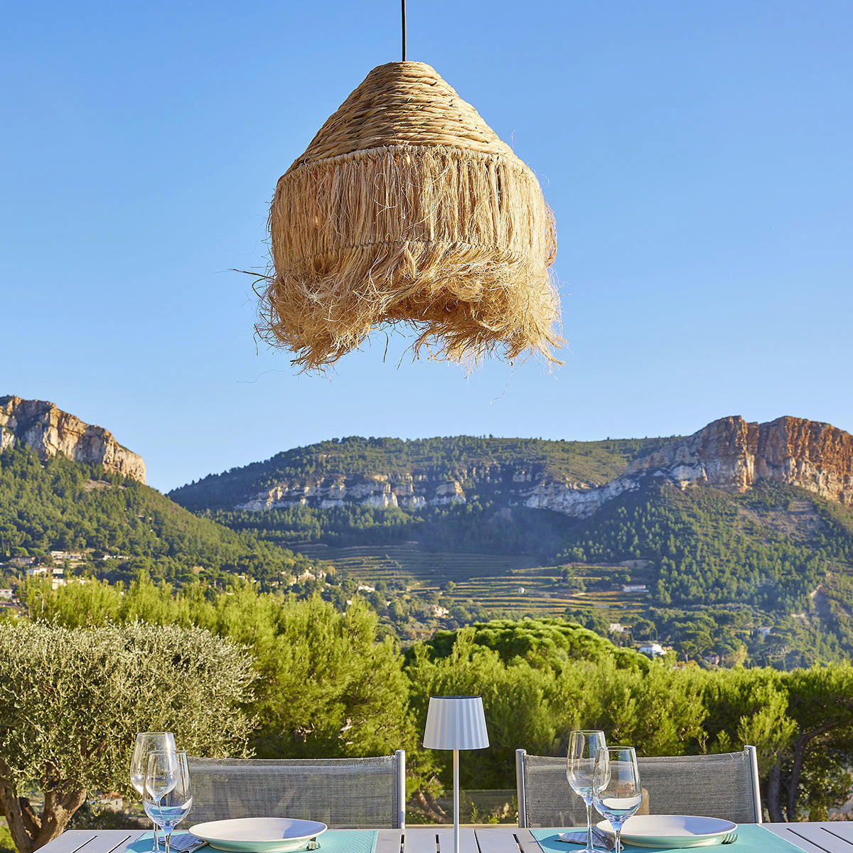 LEONORA Solar-Pendelleuchte, 44 cm Durchmesser, 5 m lang - Beige, Naturmaterialien (44/44/69cm) - Lumisky