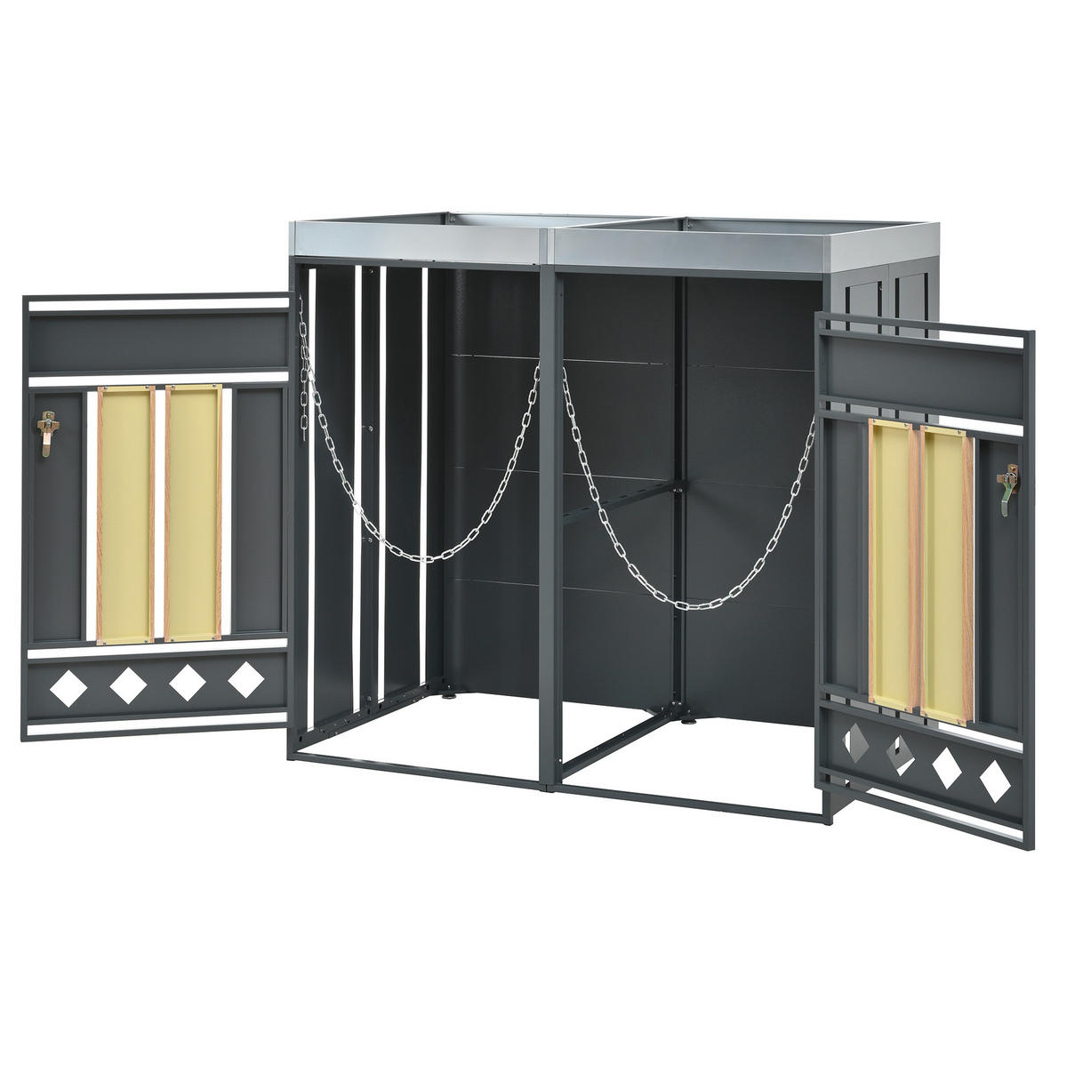 MÜLLTONNENBOX aus Stahl in Grau/Holzoptik mit Pflanzkasten & abschließbaren Türen 132x80x124,5 cm - Grau, Metall (132/124.5/80cm) - Modfu