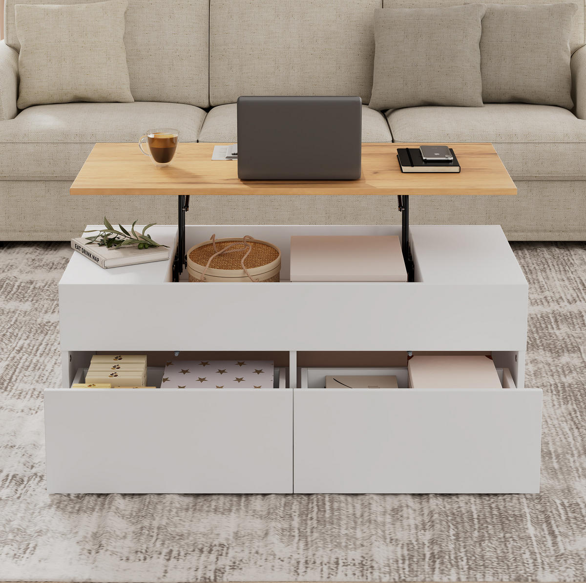 COUCHTISCH 100/50/40 cm höhenverstellbar mit 2 Schubladen und verborgenem Stauraum, Weiß/Holzfarbe - Weiß, Holzwerkstoff (100/50/40cm) - Redom