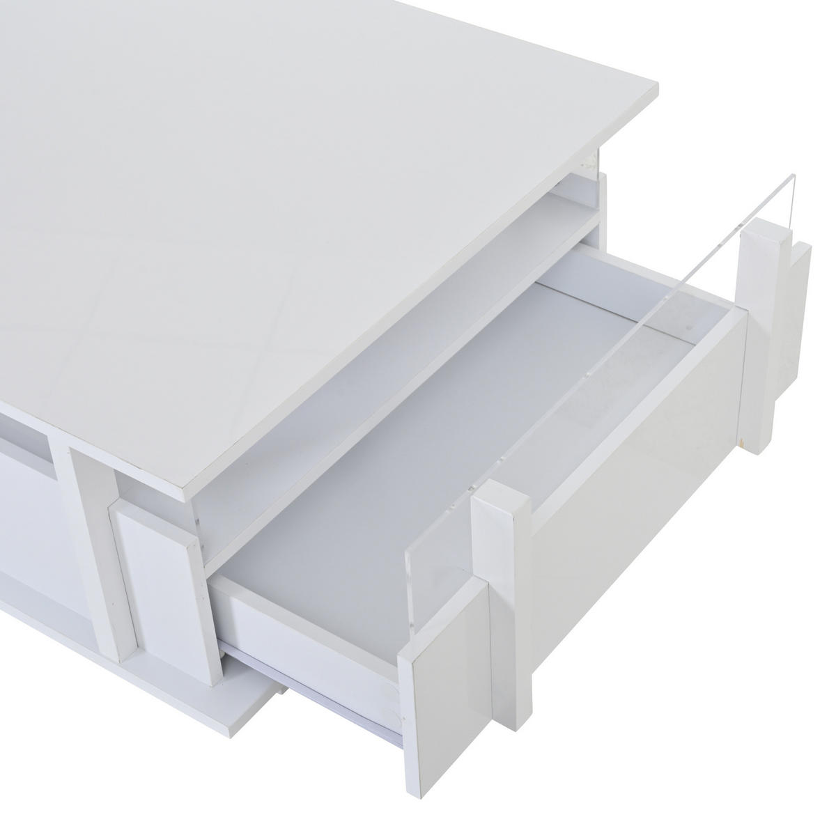 COUCHTISCH in Weiß Sofatisch Hochglanz mit 2 Schubladen, LED & Acryl-Trennwand, Sofatisch für Wohnzimmer,B70/T70/H35cm - Weiß, Holzwerkstoff/Metall (70/70/35cm) - STILVORA