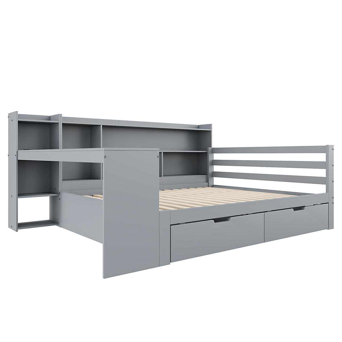 STAURAUMBETT 140/200 cm DE-01349, in Grau, mit Schreibtisch, Steckdose und Schubladen - Grau, Holz (140/200cm) - ComfortXL