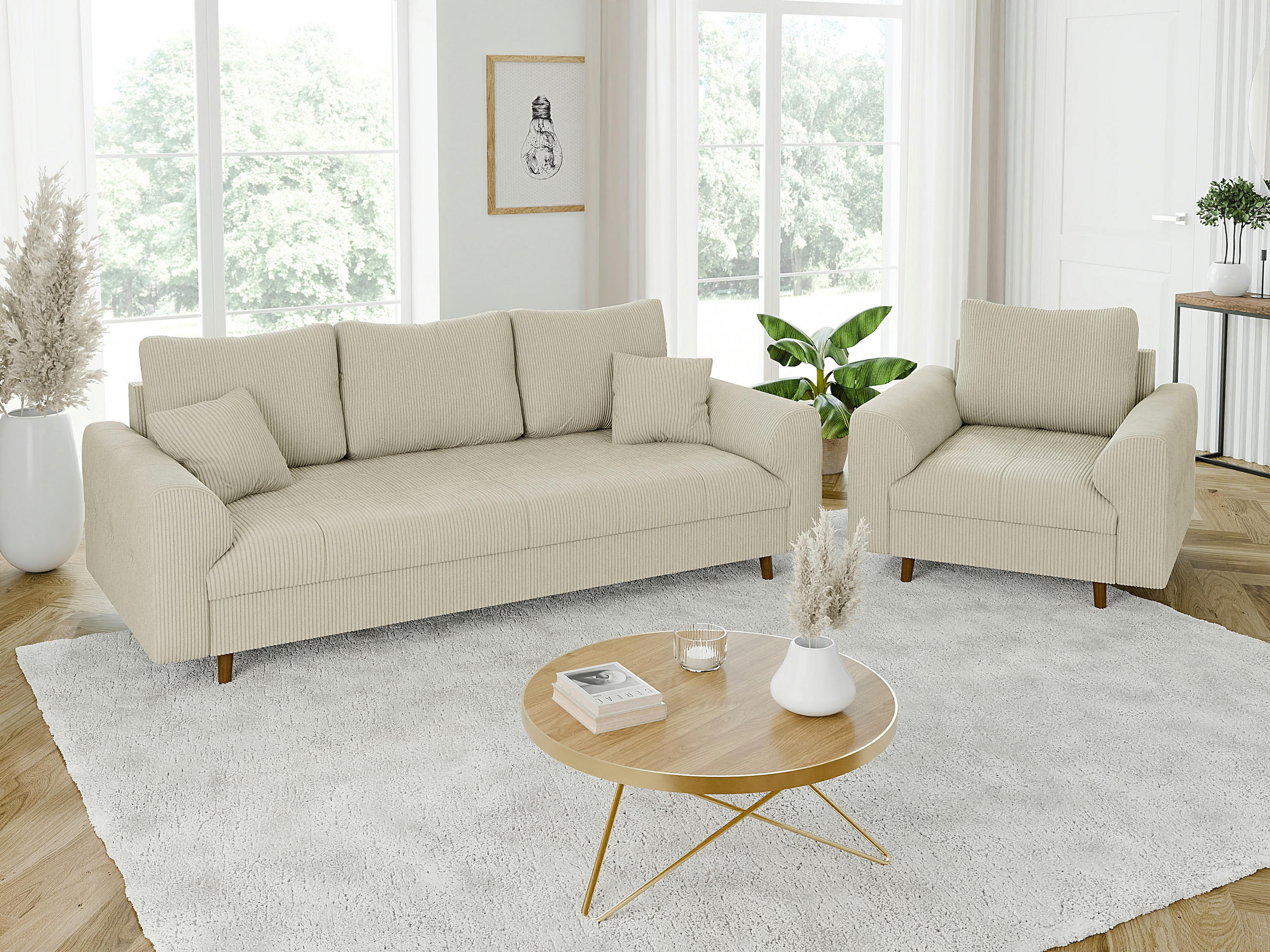 SITZGARNITUR 3+1 Alma Beige Cord - Beige/Braun, Holz/Textil (210/81/93cm) - S-Style Möbel
