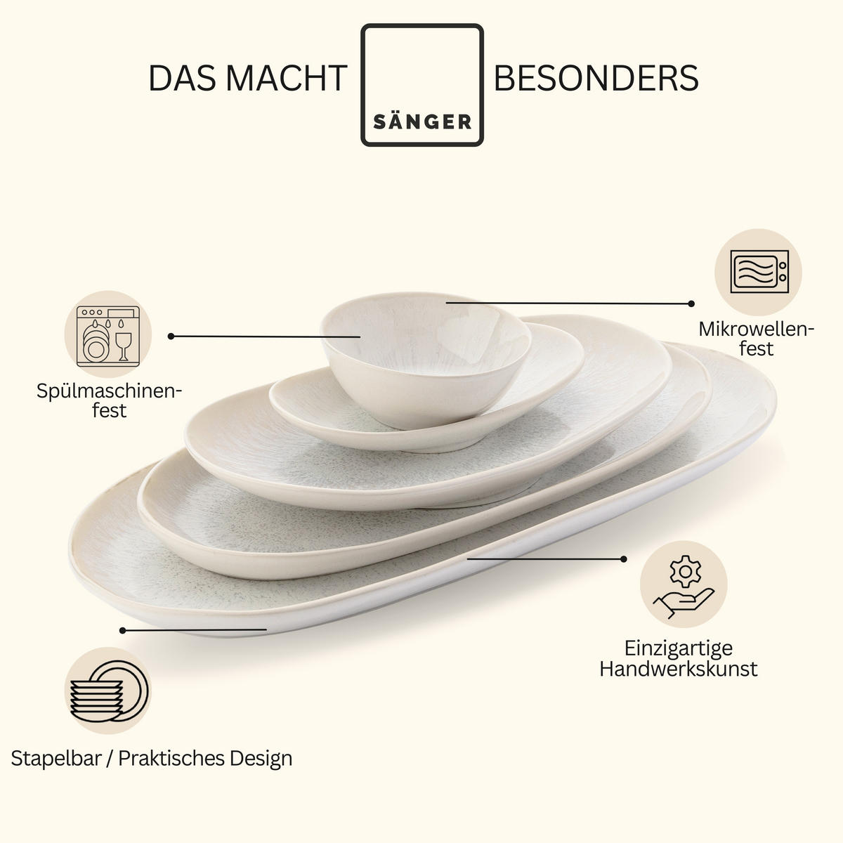 SERVIERPLATTEN Set Korfu 11 teilig aus Steingut - Creme, Stein (36/4/25cm) - Sänger