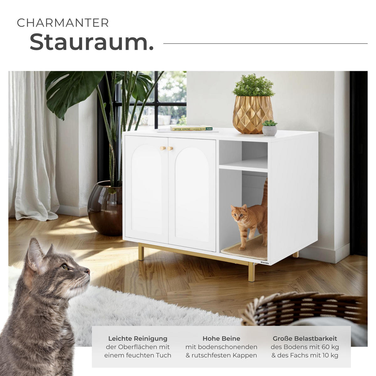 KATZENSCHRANK Kalea,inklusive Kratzmatte, 80 x 52 x 61,5 cm,weiß/gold - Goldfarben/Weiß, Holz (80/61.5/52cm) - tectake