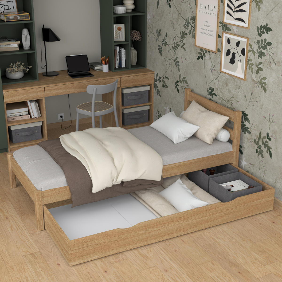 BETT mit Schublade N01 Eiche Natur 120/180 - Eiche Artisan, Naturmaterialien/Holz (120/180cm) - N-Wood