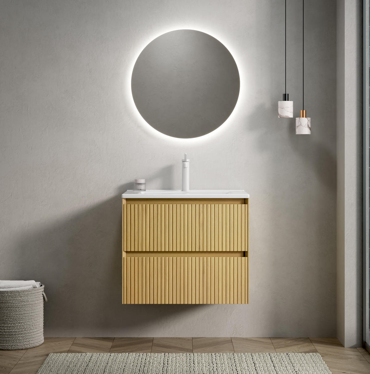 BADEZIMMERSCHRANK 61x39x51.5 cm Golden Oak & Weiß aus Keramik & Sperrholz mit 2 Schubladen - Eichefarben, Keramik (61/51.5/39cm) - Modfu