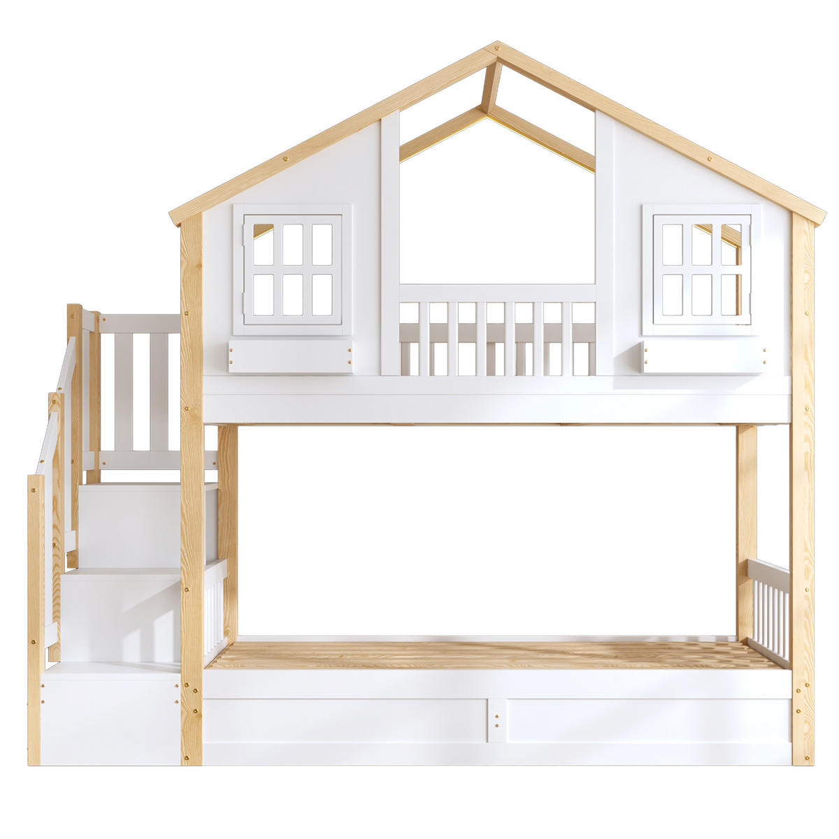 HAUSBETT 90/200 cm aus Kiefer mit Stauraumtreppe und LED-Beleuchtung - Weiß, Holzwerkstoff (90/200cm) - BEAOK