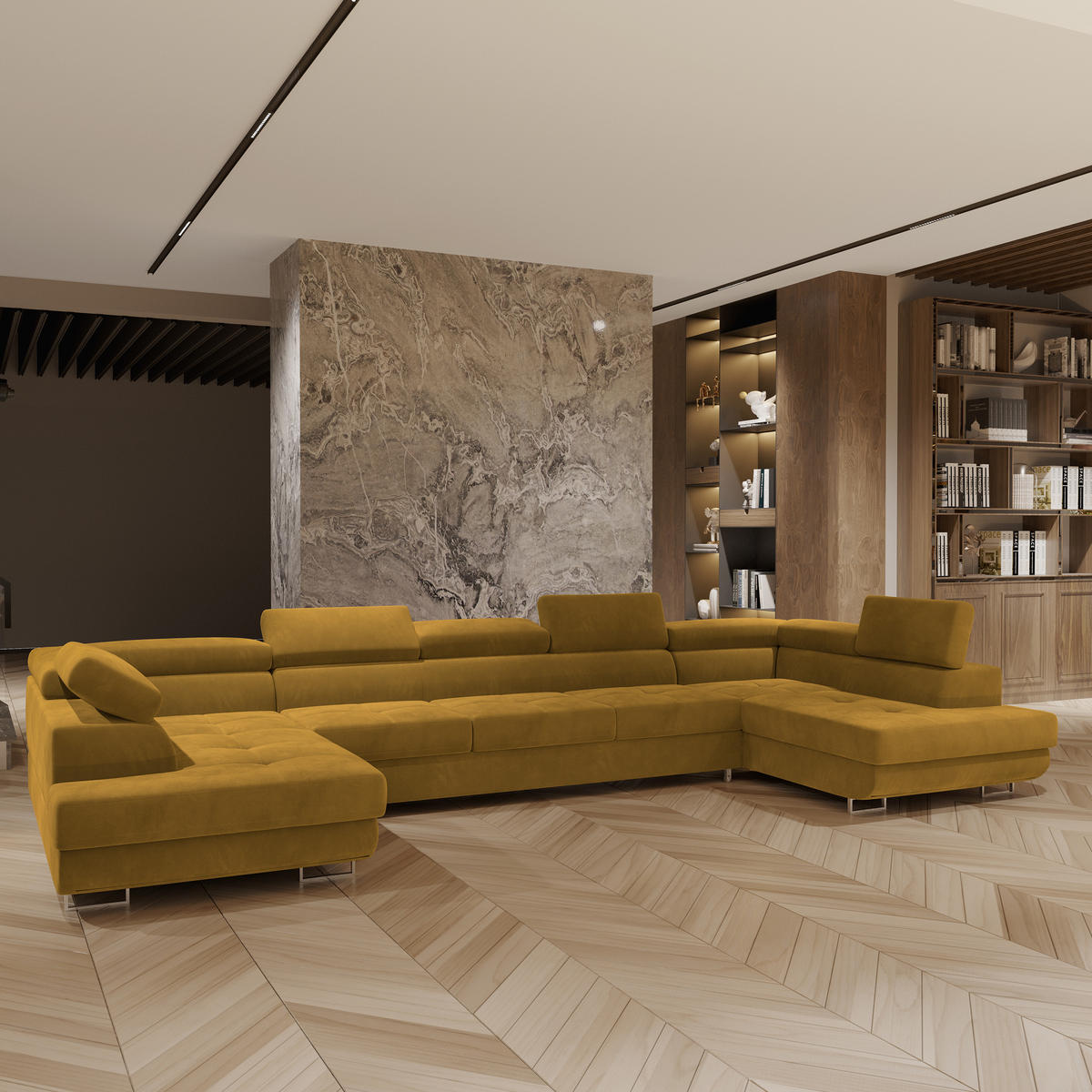 WOHNLANDSCHAFT ISOLANO Gelb Velours-Stoff mit Schlaffunktion - Gelb, Holz (408/90/202cm) - MASSENO