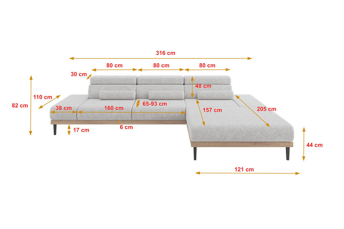 ELEKTRISCHES ECKSOFA Rechts MONA 316x205x85 Grau Velours - Grau, Holzwerkstoff/Textil (316/205cm) - ALTDECOR