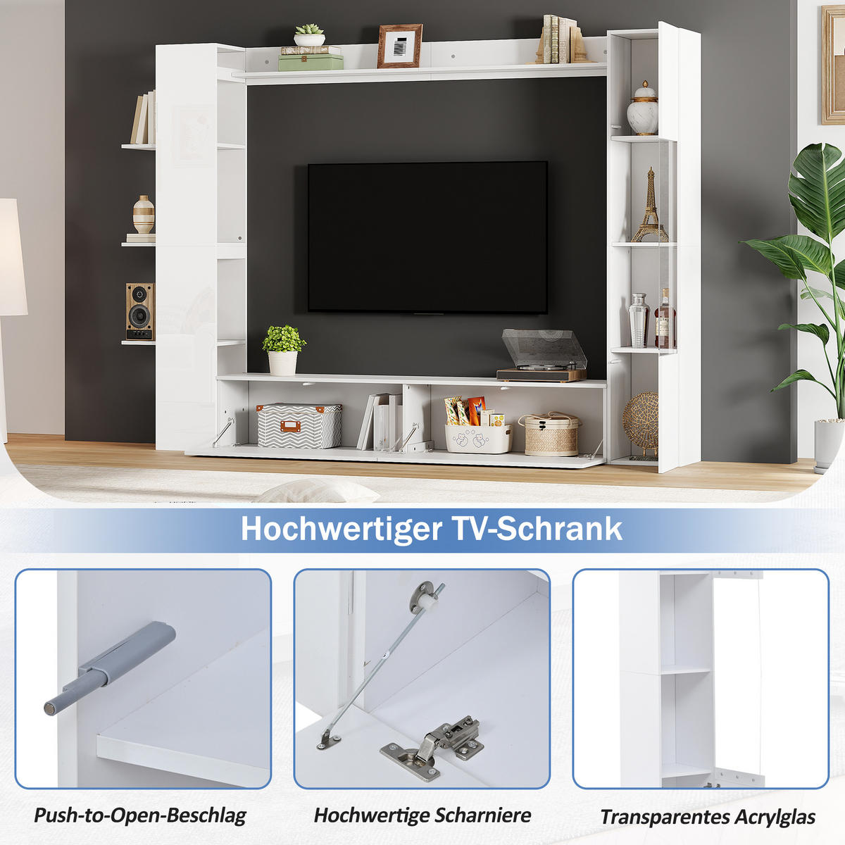 WOHNWAND in Weiß Wohnzimmer-set mit Vitrine und TV-Schrank für das Wohnzimmer - Weiß, Holzwerkstoff (228/170/30cm) - STILVORA