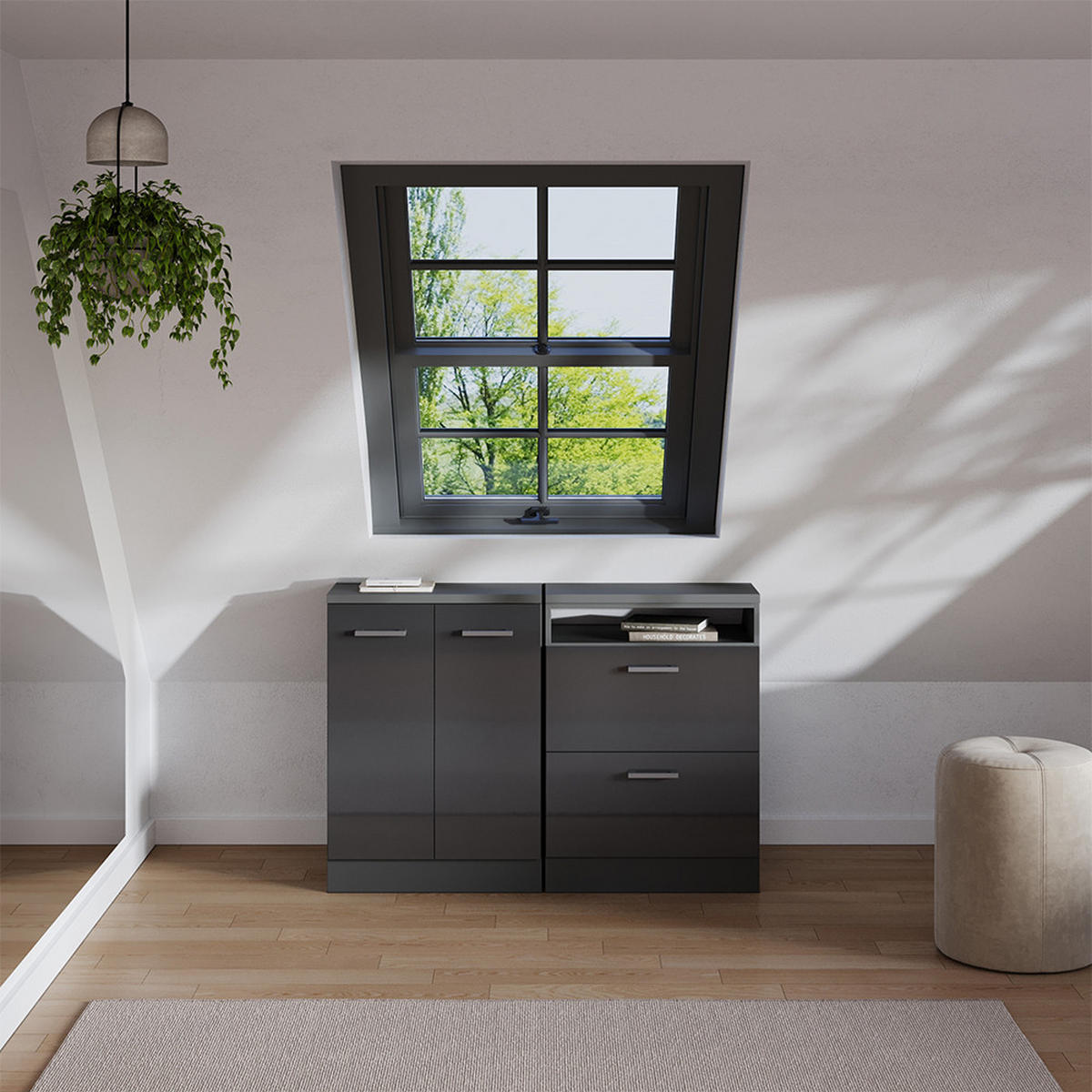 KOMPLET OMAR S POŠEVNO STREHO Rion Antracit z visokim sijajem 120 cm Komplet 2 korpusov omare globina 60 cm - črna/visok sijaj, leseni material (120/83.8/60cm) - Vicco