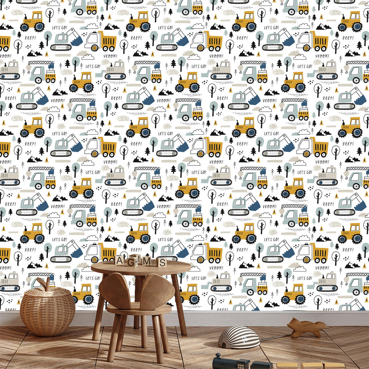 VLIESTAPETE Baumaschinen – Gelb, Grau, Weiß – 50x1000 cm - Gelb/Weiß, Papier (50/1000cm) - Muralo