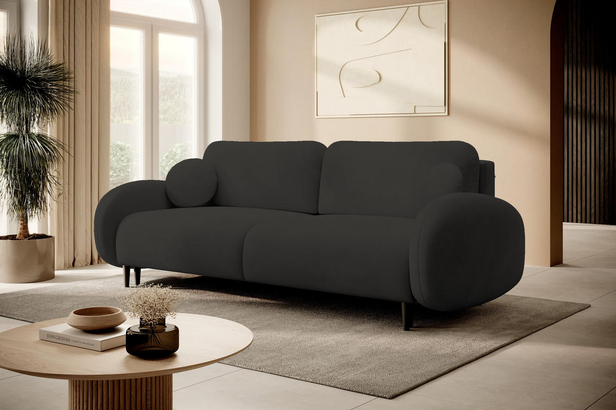 SOFA SOFT RunAgin Mit Schlaffunktion Und Bettkasten, PUR-Schaum, Schwarze Kunststofffüße, lose Rückenkissen, freistehend, 232x109x95 cm Black - Schwarz, Holz/Textil (232/95/109cm) - DomoHome