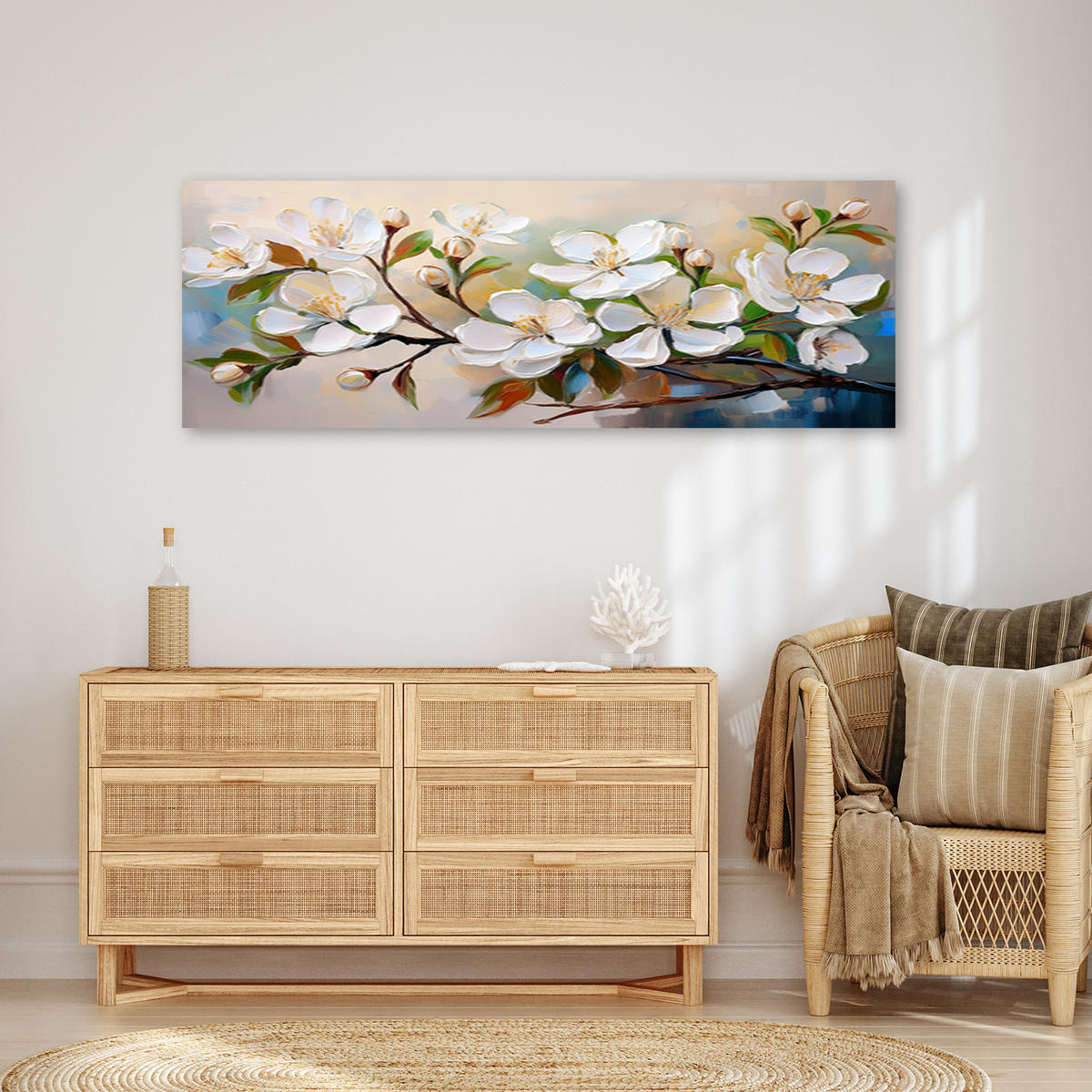 WANDBILD bemalte apfelblüte - Weiß, Textil (90/30cm) - Feeby