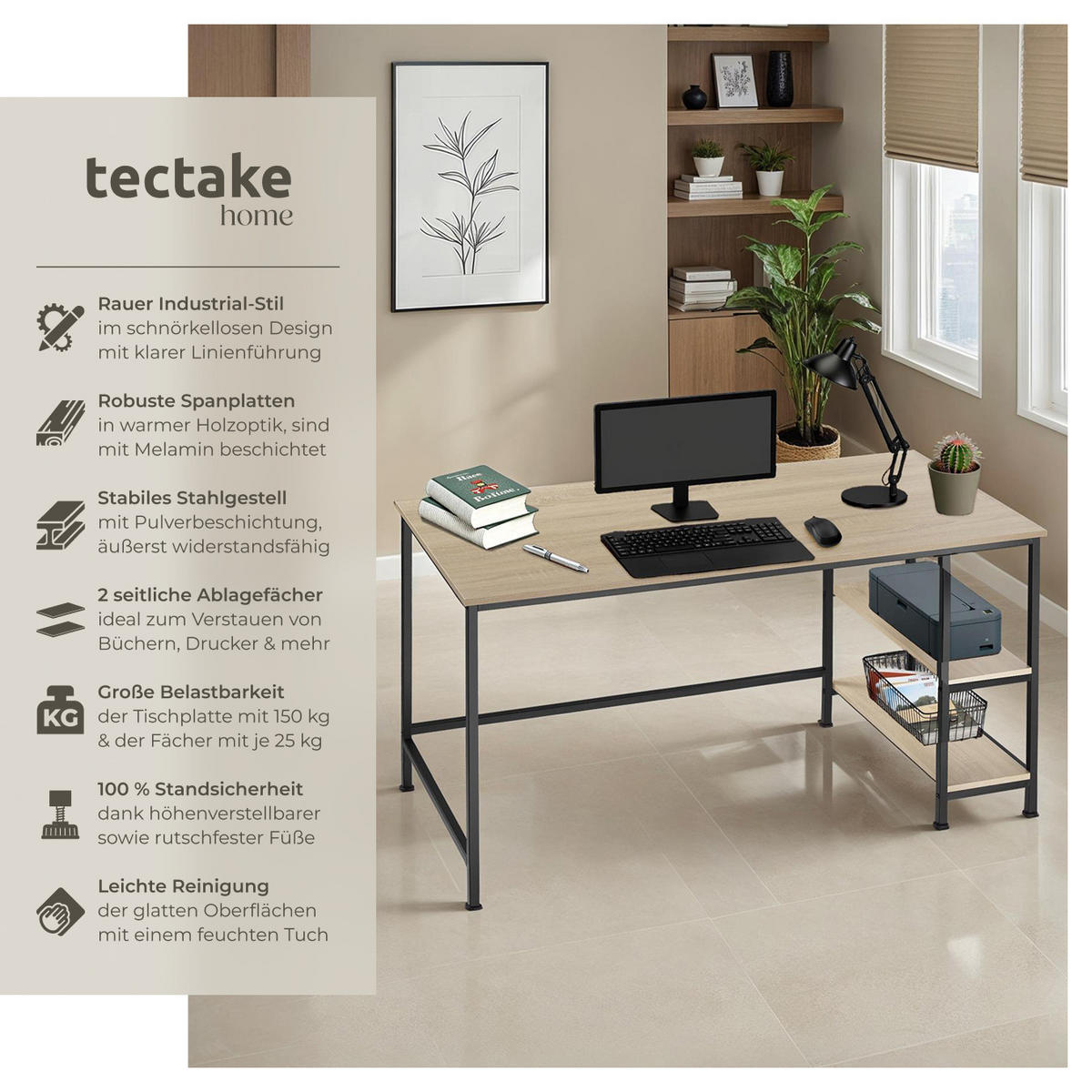 COMPUTERTISCH Canton,120 x 60 x 75,5 cm,Industrial Holz hell, Eiche Sonoma - Naturfarben, Holzwerkstoff (120/60/75.5cm) - tectake