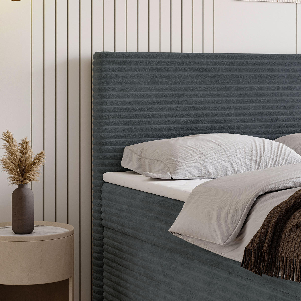 BOXBETT NOLEN 160x200 cm mit Matratze und Topper - Grau - Grau, Holz (160/200cm) - MASSENO