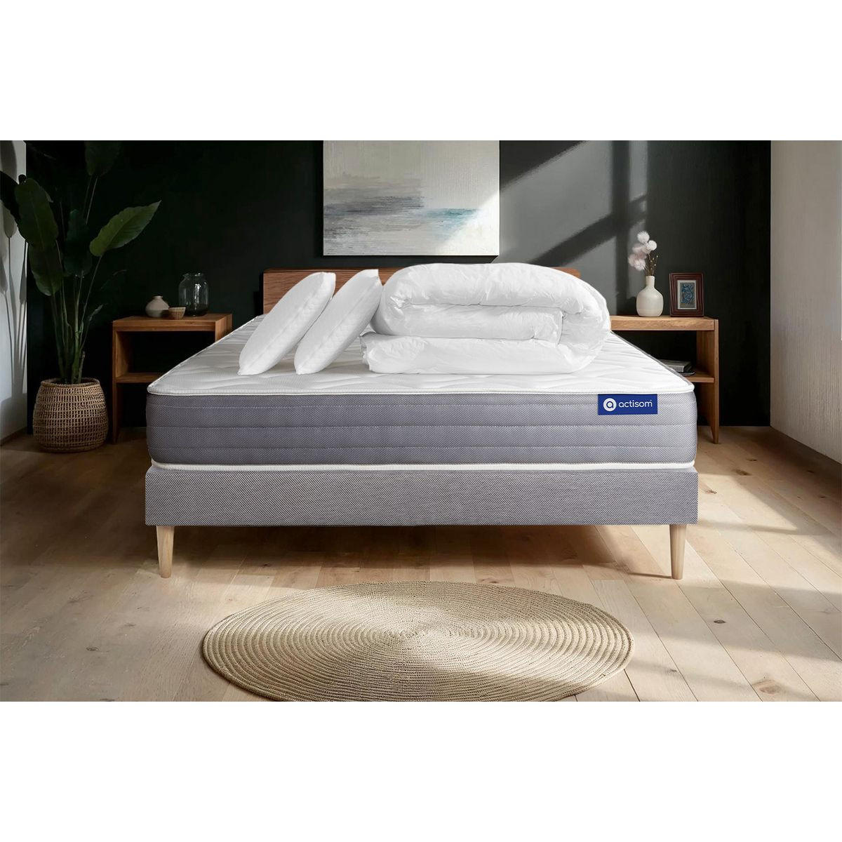 BETT Actiflex dream Taschenfederkern und Memory-Schaum 140 x 190 cm h1 - Kit Bettgestell Grau - Mit Kissen und Bettdecke - Beige/Grau, Karton/Holz (140/190cm) - ACTISOM