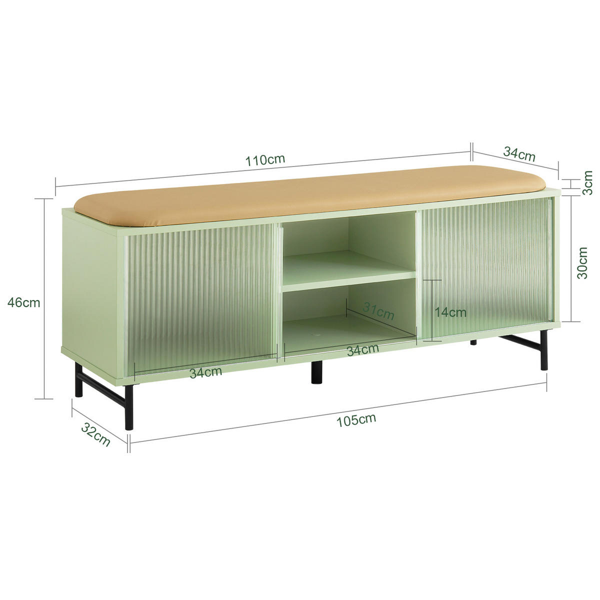 SCHUHBANK Grün - Grün, Leder/Holzwerkstoff (110/46/34cm) - SoBuy